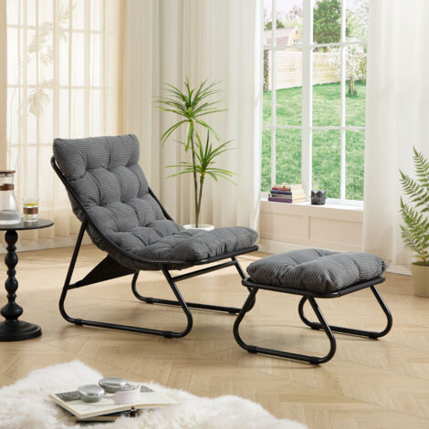 Fauteuil terrasse inclinable avec ottoman et coussin confortable,cadre noir gris parfait pour salon chambre et espace repos.