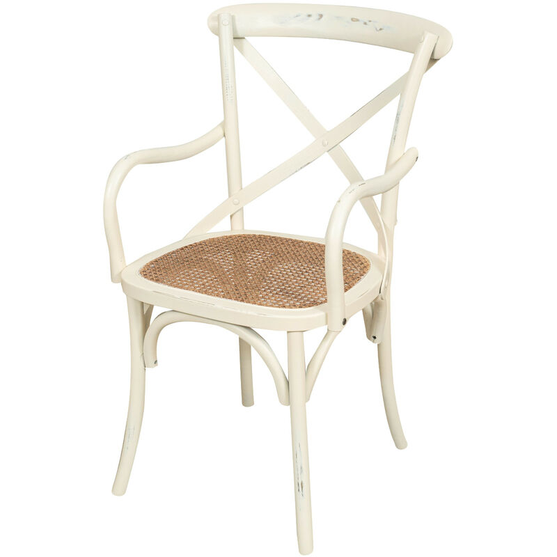 Chaise en bois et rotin Thonet vintage 89x50x43 cm Fauteuil rustique avec accoudoirs Chaise de salle à manger de cuisine moderne - blanc antique