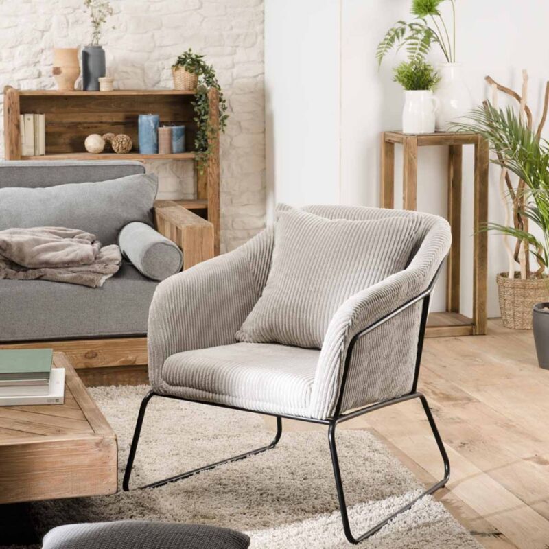 Macabane - albane - Fauteuil tissu velours cotelé gris perle pieds évasés métal