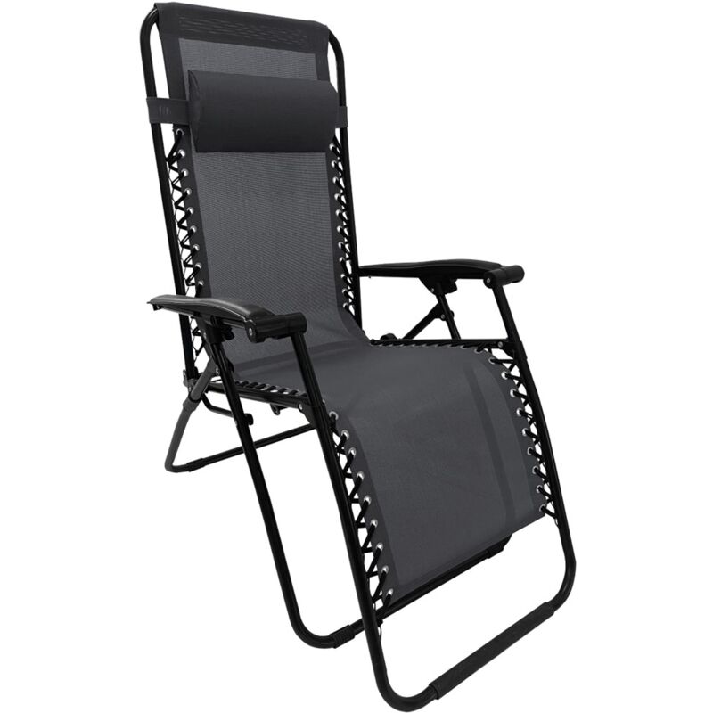 Terre Jardin - Fauteuil transat relax pliable multiposition + appui‑tête réglable - - Gris
