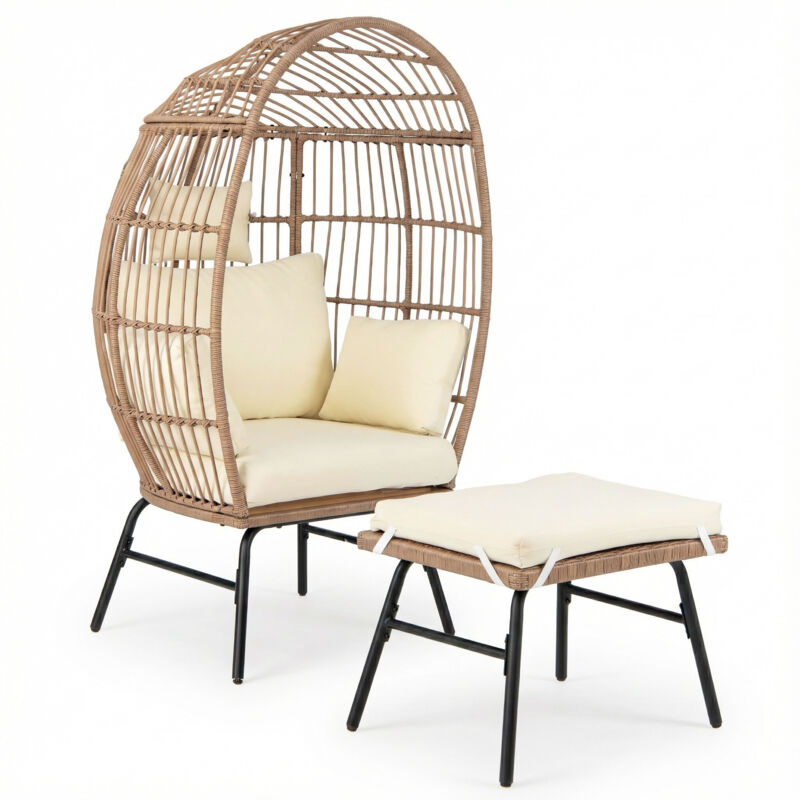 Fauteuil Œuf en Rotin PE avec Ottomane, Chaise d'Intérieur et d'Extérieur avec Coussins et Oreillers, Repose-pieds, pour Balcon, Porche, Salon
