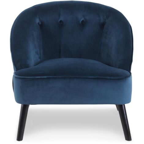 Fauteuil velours bleu et pieds bois noir Sandy