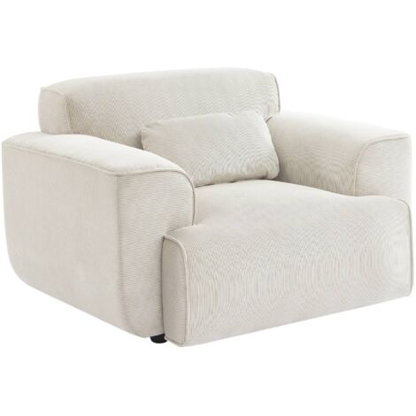 Fauteuil velours côtelé. blanc crème. lignes arrondies. coussin fourni. Wallas. L 116 x P 97 x H 73cm