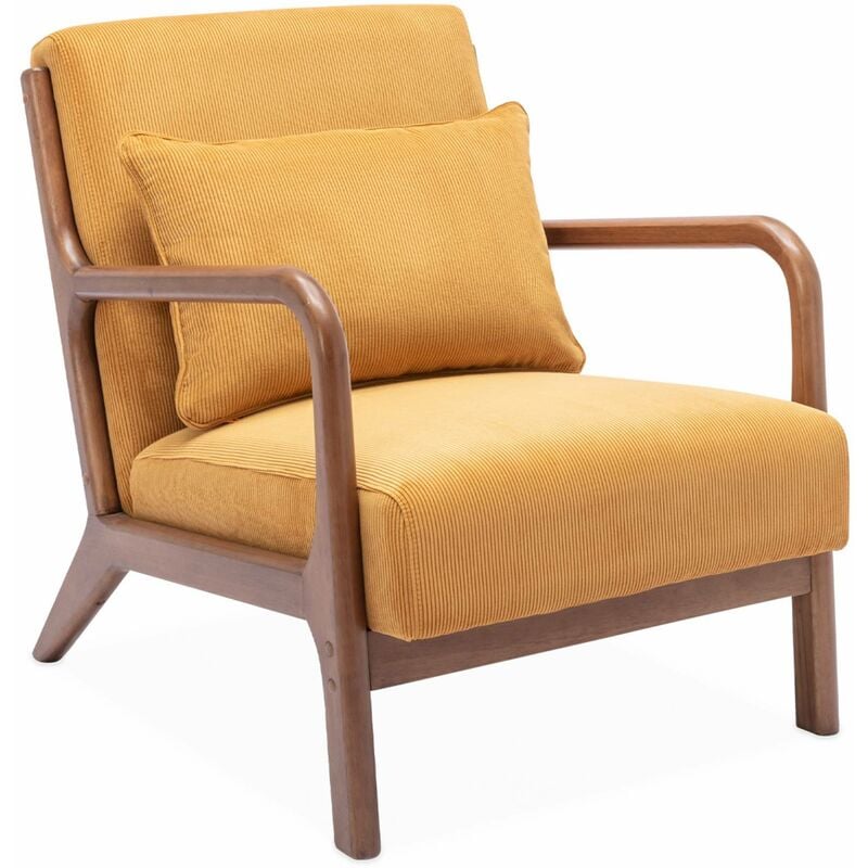 Sweeek - Fauteuil velours côtelé ocre. pieds bois d'hévéa teinté noyer clair. 1 place droit fixe. pieds compas scandinave. structure en bois solide