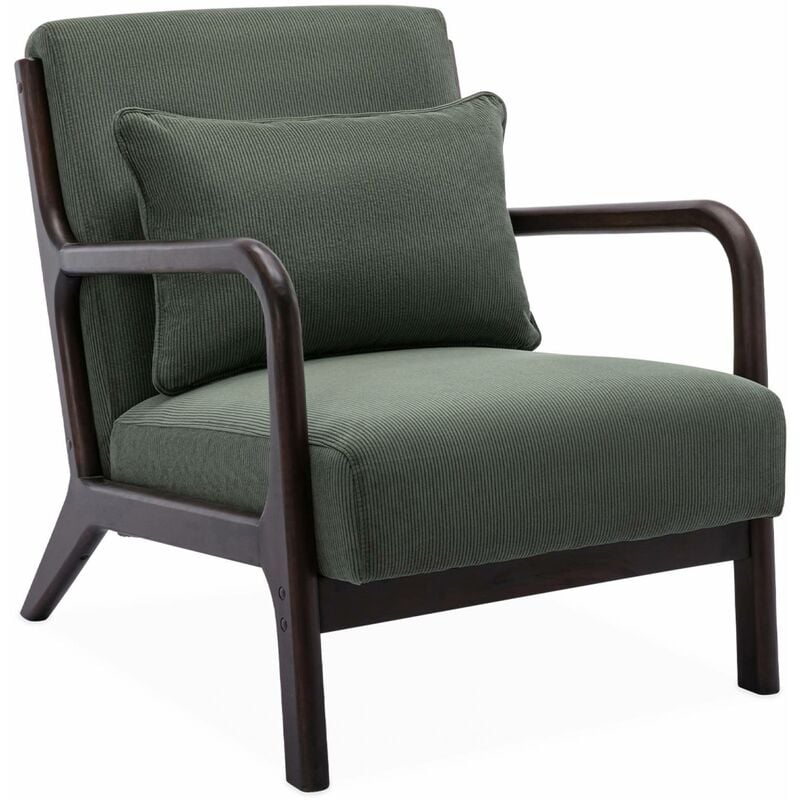 Fauteuil velours côtelé vert . pieds bois d'hévéa teinté wengé. 1 place droit fixe. pieds compas scandinave. structure en bois solide - Vert