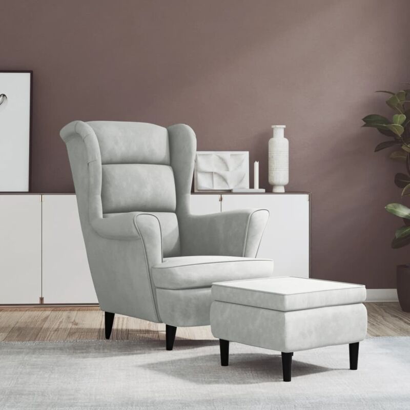 Chaise d'alarme avec aile en arrière avec repose-pieds en velours élégant dans différentes couleurs Couleur : Gris clair