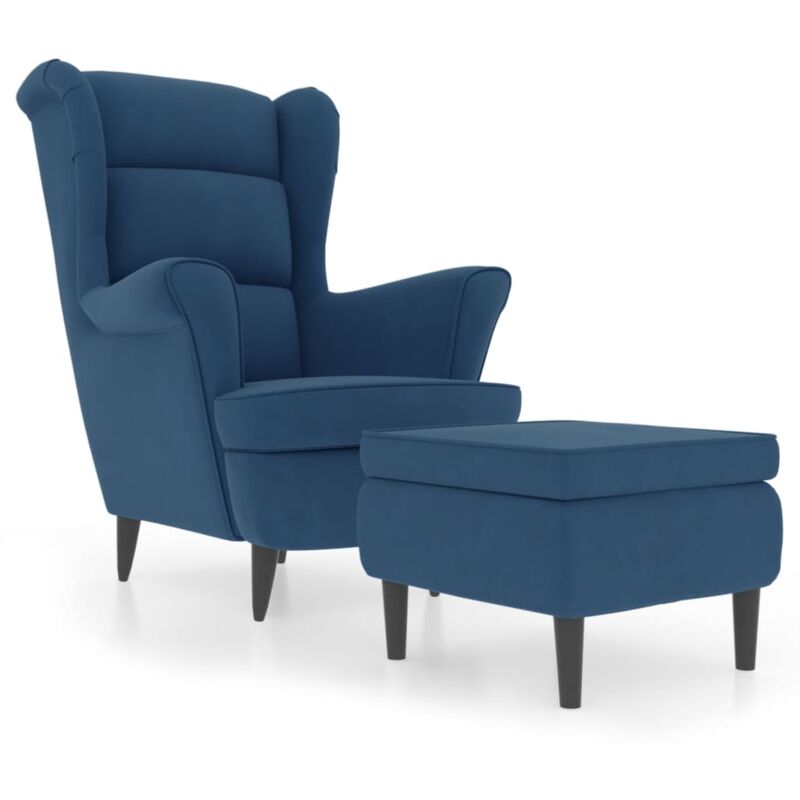 Fauteuil à oreilles avec tabouret bleu velours