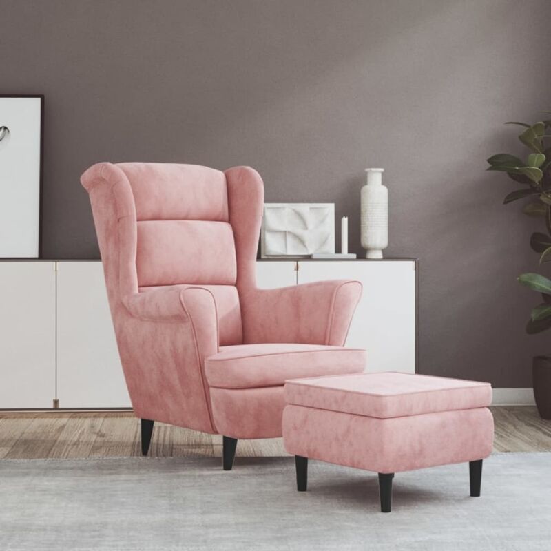 Fauteuil à oreilles avec tabouret rose velours Vidaxl