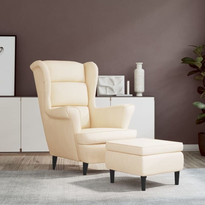 Fauteuil à oreilles avec tabouret crème velours vidaXL