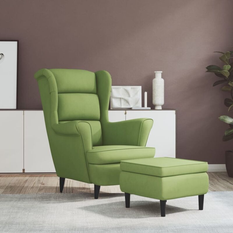 Fauteuil à oreilles avec tabouret vert clair velours Vidaxl