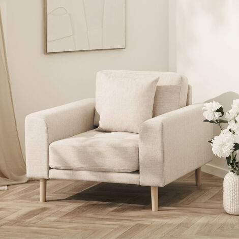 Fauteuil XL 90x92x54 cm en tissu texturé beige et pieds naturel