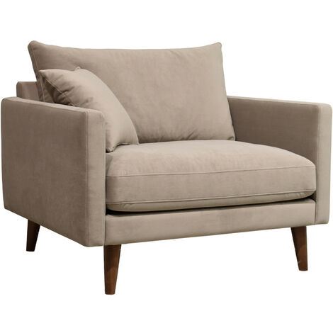 Fauteuil XL en velours pieds bois foncé - Beige - VILLABON