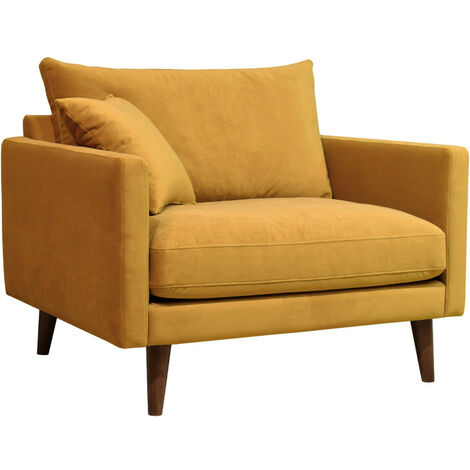 Fauteuil XL en velours pieds bois foncé - Jaune moutarde - VILLABON