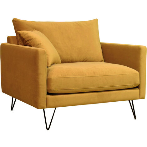Fauteuil XL en velours pieds épingles noirs - Jaune moutarde - VILLABON