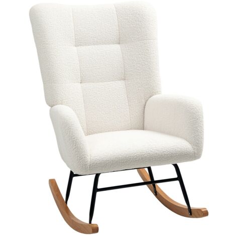 Fauteuils à bascule velours teddy blanc crème-accoudoirs et patins bois-format 58 x 60 x 180 (cm)