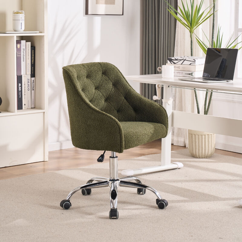 Fauteuils, chaise de bureau, pivotant à 360°, avec roulettes, convient pour salon/chambre/bureau, velours teddy, vert armée