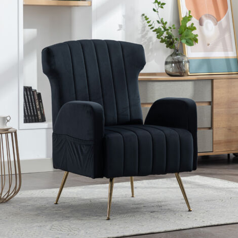 Fauteuils, chaises de bureau, canapé simple, pieds dorés, capacité de charge 90 kg, velours noir, 68,88 x 72 x 92,98 cm