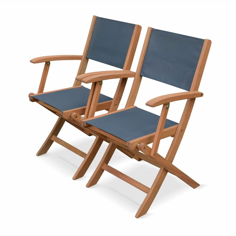 Fauteuils de jardin en bois et textilène - Almeria Gris anthracite - 2 fauteuils pliants en bois d'Eucalyptus huilé et textilène - Anthracite