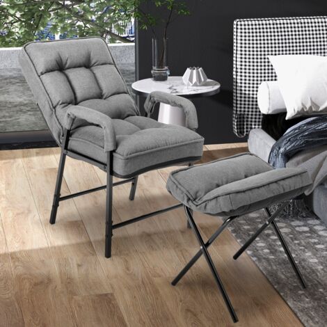 Fauteuils de Salon avec Repose-pieds Chaise d'Appoint Moderne en Tissu de Lin avec Dossier Réglable 5 Niveaux Chaise de Relaxation pour Chambre Salon Bureau Gris