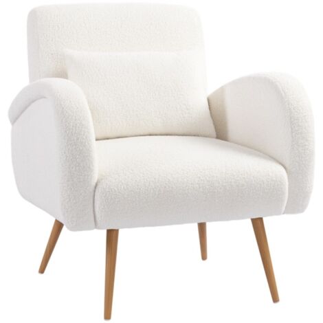 Fauteuils rembourré polaire blanche-accoudoirs et coussin lombaire-pieds métal-fauteuil de lecture-crème