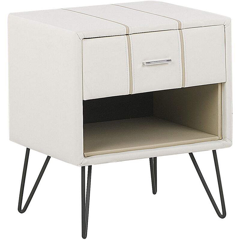 Bedside Table White Minimalist Faux Leather Upholstered Drawer Storage Betin - White