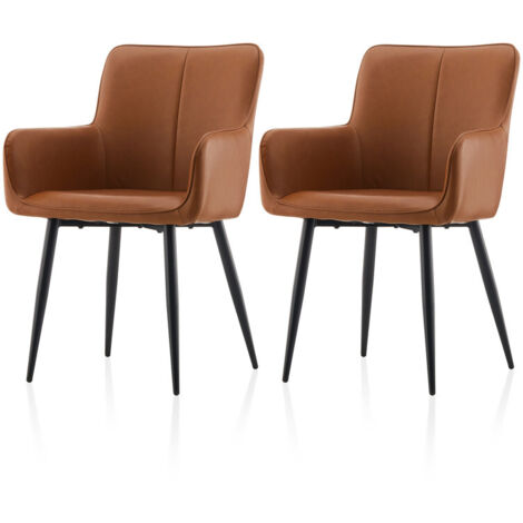 Faux Leather Dining Chairs Set of 2, Upholstered Kitchen Chairs with Metal Legs and Armrest Ergonomic Back for Dining, Living Room, Office Brown