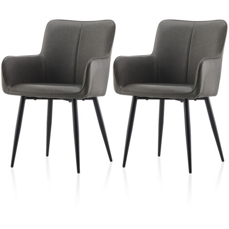 Faux Leather Dining Chairs Set of 2, Upholstered Kitchen Chairs with Metal Legs and Armrest Ergonomic Back for Dining, Living Room, Office Grey