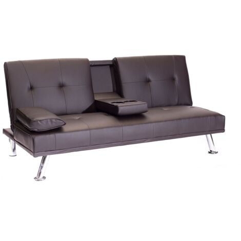 Faux Leather Folding Sofa Bed With Cup Holders Cinema Style - Grey