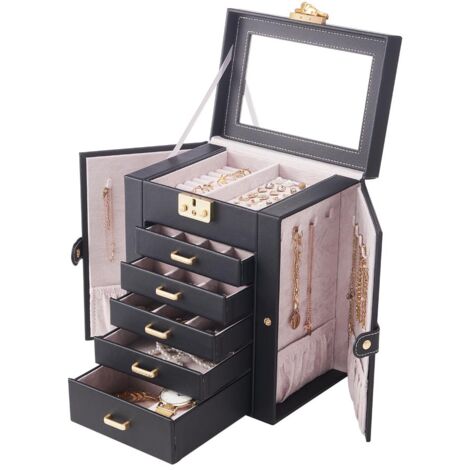 Faux Leather Large Jewellery Storage Box with Mirror