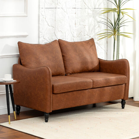 Faux Leather Marble-Effect Two-Seater Sofa - Brown