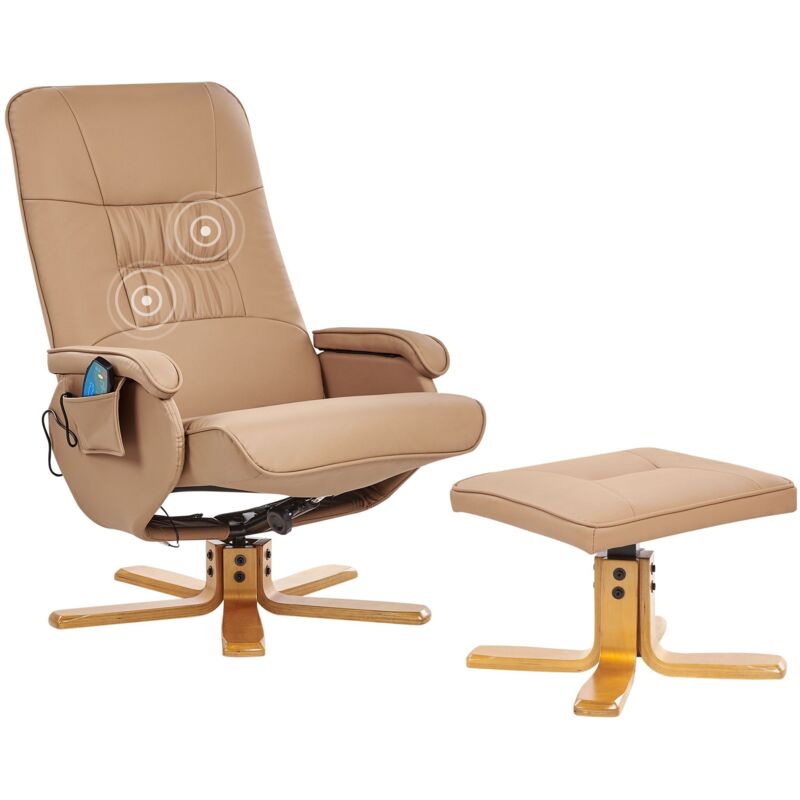 Beliani Faux Leather Recliner Armchair With Footrest Swivel Adjustable Massage Heating Light Brown Relaxpro