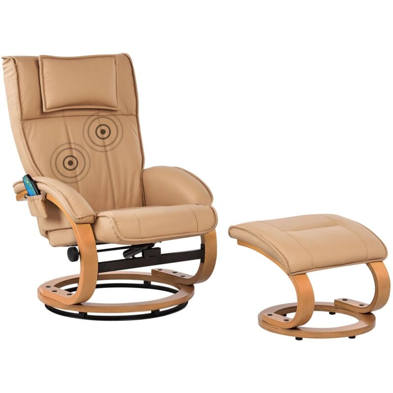 Beliani - Faux Leather Recliner Armchair with Footstool Massage Heating Light Brown Majestic