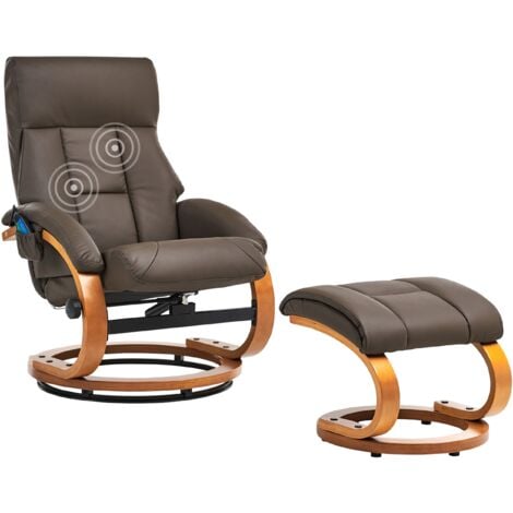 Faux Leather Recliner Chair with Footstool Massage Heated Swivel Brown Force