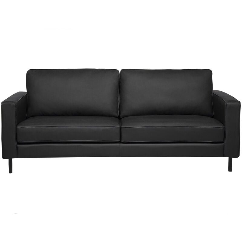 Modern Minimalist Split Leather Sofa 3 Seater Cushions Metal Legs Black Savalen