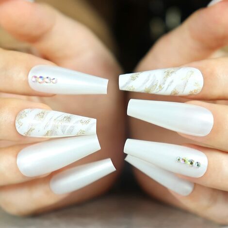 Faux ongles extra longs en strass mat ombré avec nœud transparent 3D 30 pcs paillettes acrylique ballerine faux ongles pour femmes et filles (blanc)