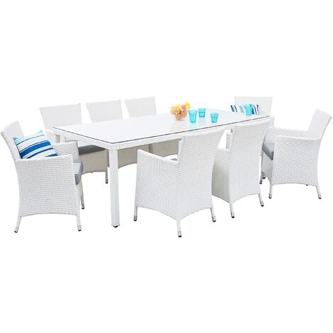main image of "Faux Rattan Garden Dining Set Table and 8 Chairs Glass Tabletop White Italy"