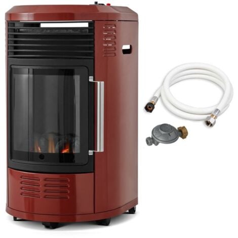 FAVEX - Chauffage d'appoint à gaz Volga Rouge brique - Prêt à l'emploi livré avec tuyau et détendeur - Infrableu effet feu de cheminée - 6 puissances de chauffe Thermostat - Jusqu'à 40 m²