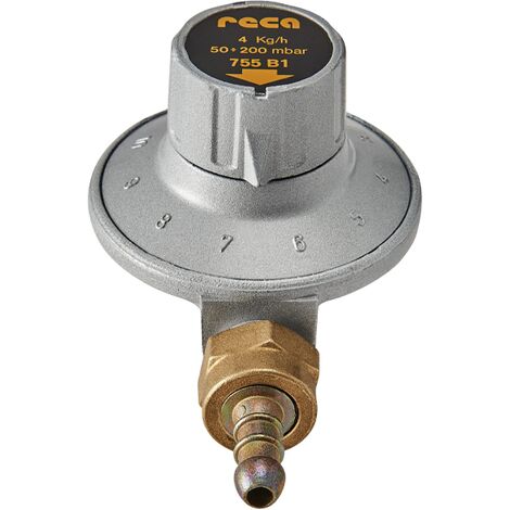 Favex – Détendeur gaz basse pression propane 4kg/h – 10 positions – Pression réglable 50-200 mbar – Entrée écrou bouteille, sortie tétine
