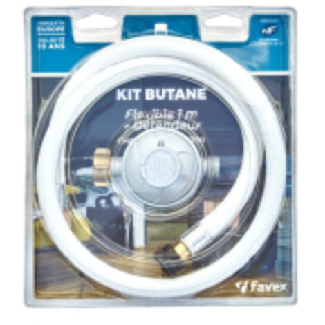 Favex – Kit de butane avec tuyau flexible 1m – Débit 1,3 kg/h – Pression sortie 28 mbar – Raccord mâle 20x150