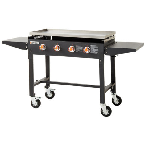 Favex – Plancha à gaz 4 brûleurs 16 kW – Surface de cuisson inox 90 x 45,5 cm – Chariot pliable pour 14 convives – Compatible propane butane