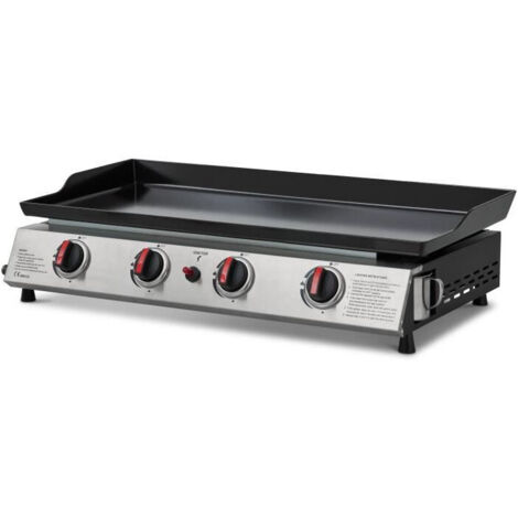 Favex – Plancha à gaz 4 brûleurs inox – Surface de cuisson 77 x 33 cm – Puissance 9,6 kW – Plaque acier émaillée – Piezo mécanique