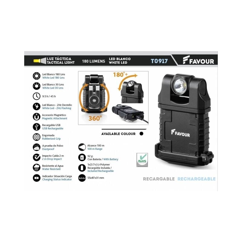 Favour - Favorable Rechargeable Tactical Flashlight Favorable Magnetic White led blanc et 80lm étanche à l'eau noir spot rotatif T091717
