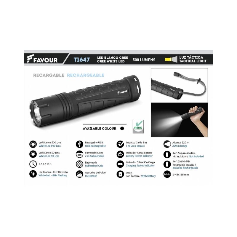 Favour - Favorable Submersible Rechargeable Tactical Flashlight, White Led crée 500 Lumens T1647 Lumens T1647