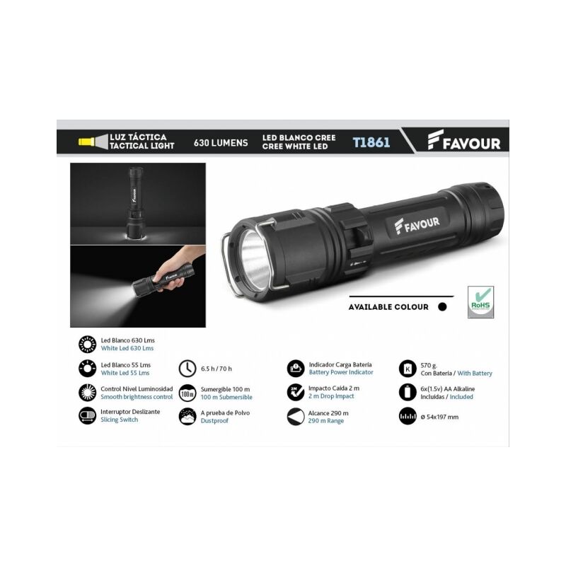 Favour - Favorable Tactical Aluminium Submersible Dive Light 100M White led Cree 630lm avec 6 piles aa incluses T1861.