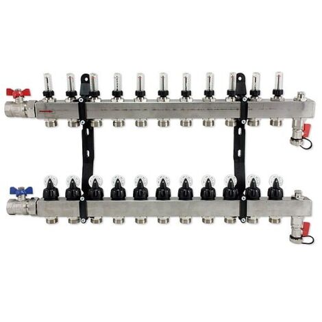 FBH-Verteiler 11-fach aus Edelstahl mit Topmeter, Entlüftung, Kugelhähnen und Spülvorrichtung