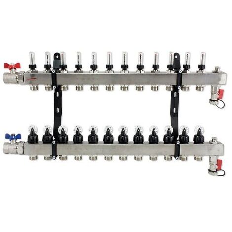 FBH-Verteiler 12-fach aus Edelstahl mit Topmeter, Entlüftung, Kugelhähnen und Spülvorrichtung