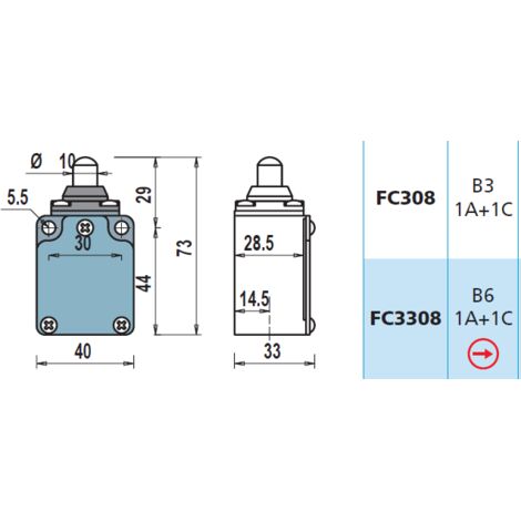 FC3308 1NA + 1NC Interruttore di Posizione a pistoncino medio Finecorsa