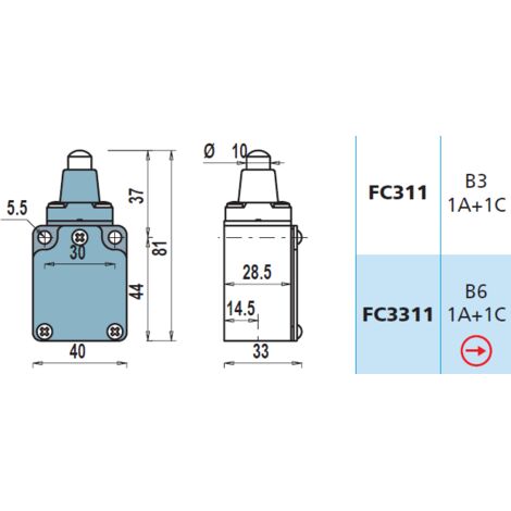 FC3311 1NA + 1NC Interruttore di Posizione a pistoncino INOX Finecorsa