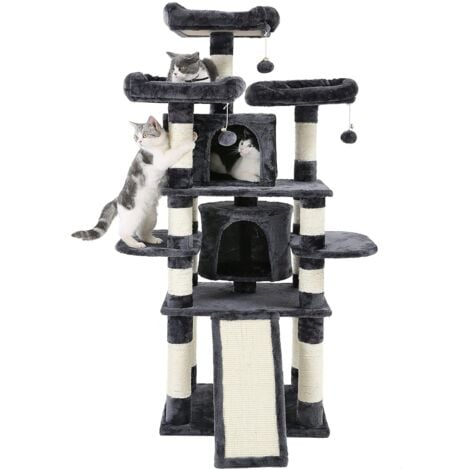 FEANDREA Árbol para gatos Grande, con 3 Plataformas de Observación, Juguete para Gatos con 2 Cuevas de Peluche, Gruesos Troncos de Sisal, Tabla Extra para Rascar, Establo, 172cm, Gris Oscuro por SONGM