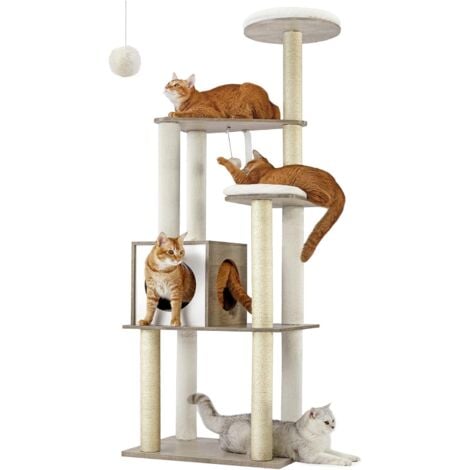 SONGMICS FEANDREA Árbol para Gatos, Torre Moderna de Gatos 165 cm, 5 Postes para Arañar, Cojines Lavables y Desmontables, Plataforma, Cueva, Muebles de Interior para Gatos, Greige